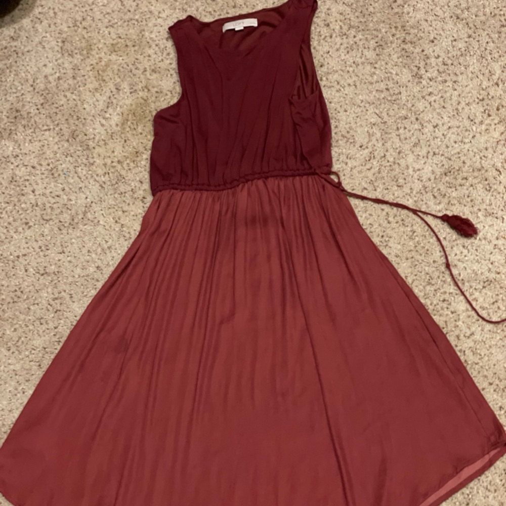 LOFT Wine Red Sleeveless V-Neck Midi Dress with Side Tie